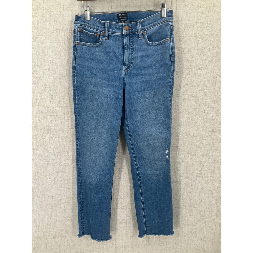J.Crew Essential Straight Jeans Womens 26 Blue‎ Cotton Stretch Raw Hem High Rise